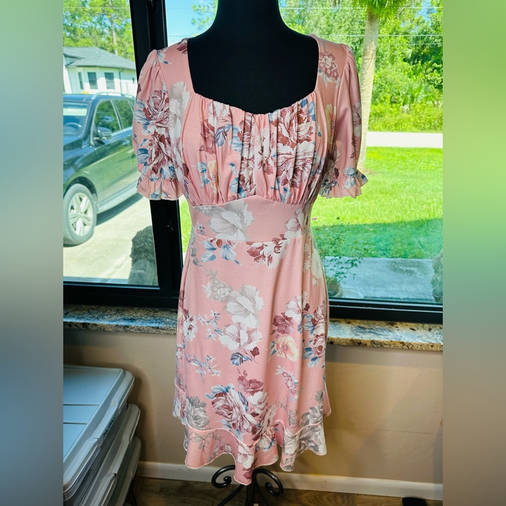 Grace Karin Pink Floral Square Neck Short Puff Sleeve Whimsical Dress SZ Medium